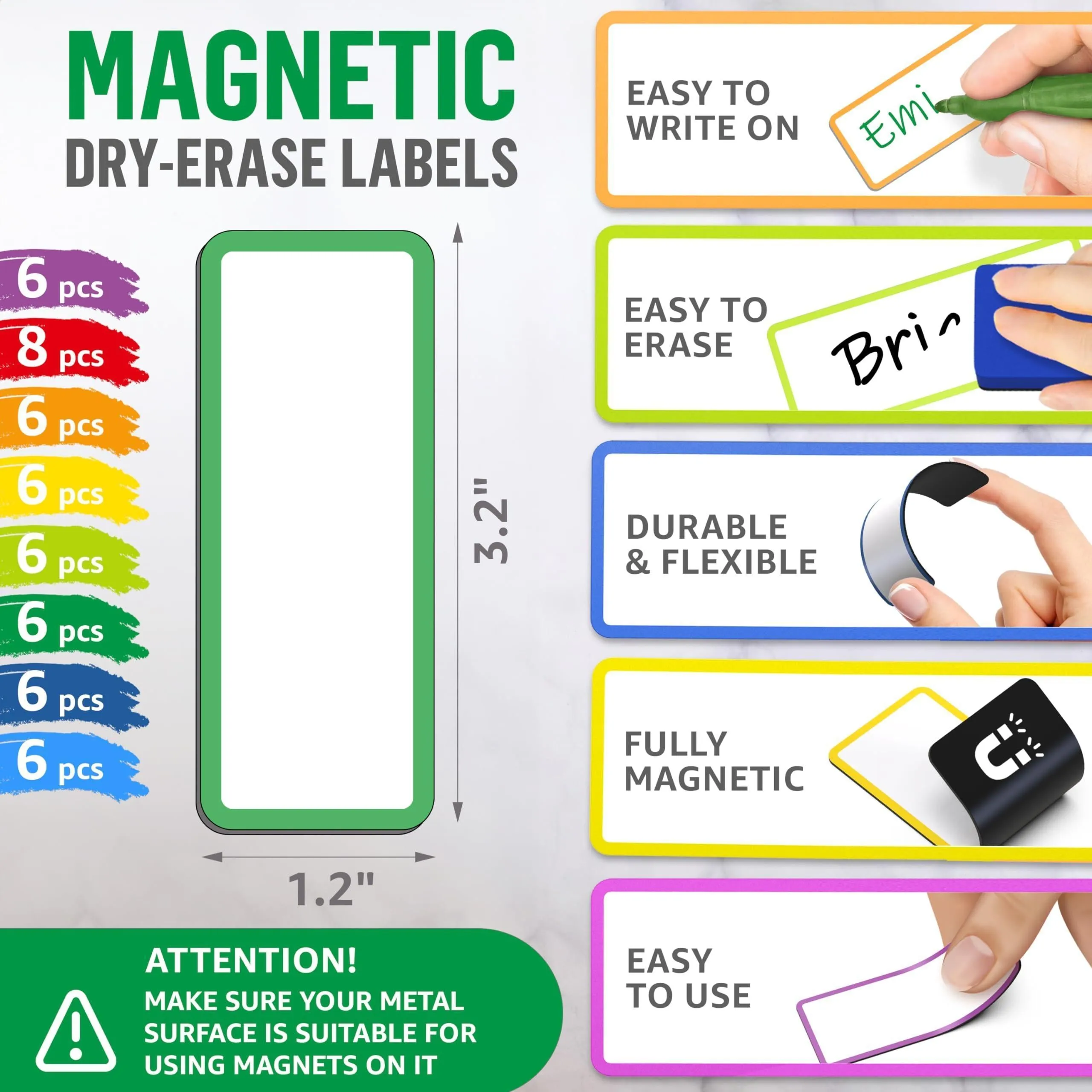 50 Pack Dry Erase Magnetic Labels 3.2x1.2 in Magnetic Name Tags for Classroom