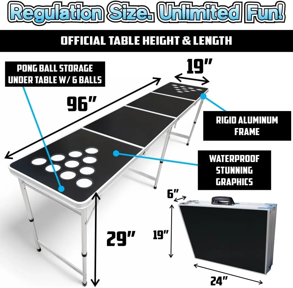 8-Foot Regulation Folding Beer Pong Table w/Beer Pong Balls & Optional Cup Holes, LED Lights, Custom Graphic (Choose Your Model)