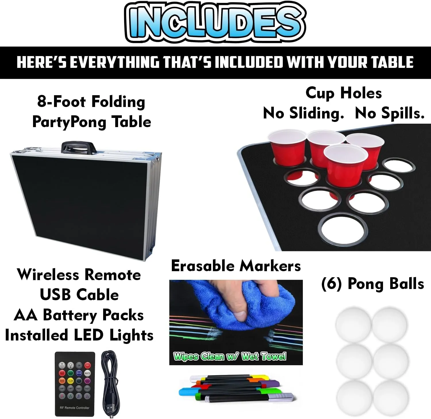 8-Foot Regulation Folding Beer Pong Table w/Beer Pong Balls & Optional Cup Holes, LED Lights, Custom Graphic (Choose Your Model)