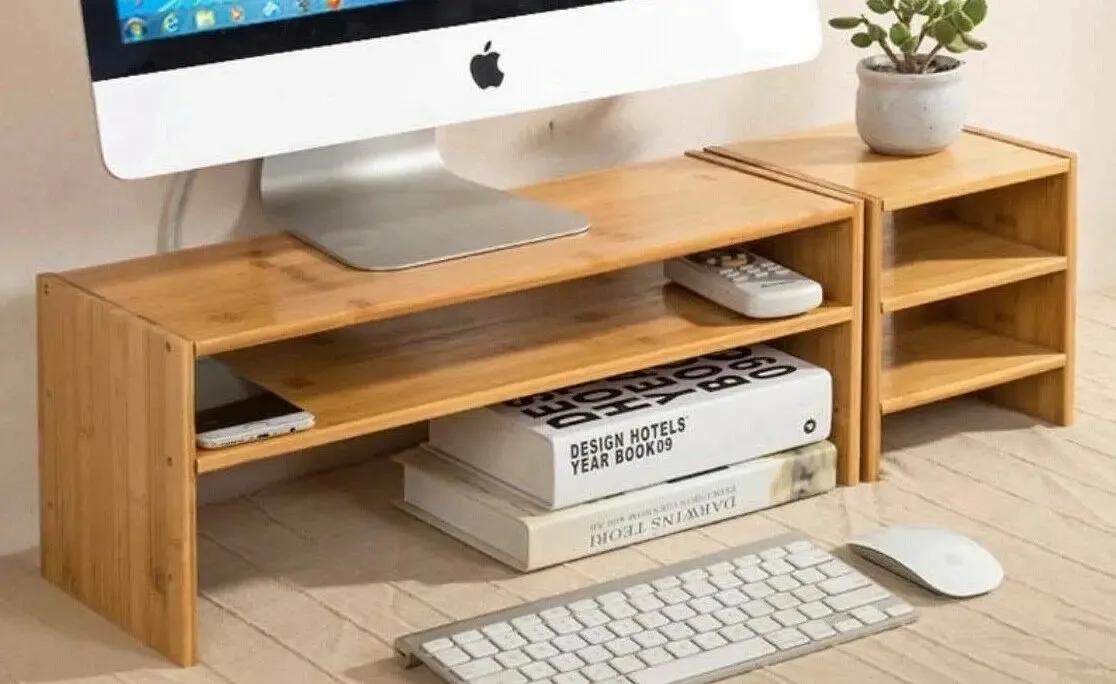 Bamboo Computer Monitor Laptop Stand Riser Monitor Base Shelf Desk Organiser Storage BSO01