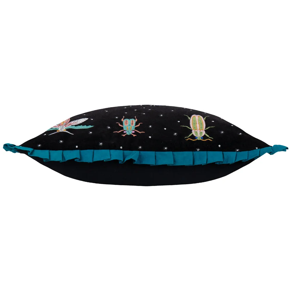 Darkling Beetles Embroidered Velvet Cushion Teal/Black