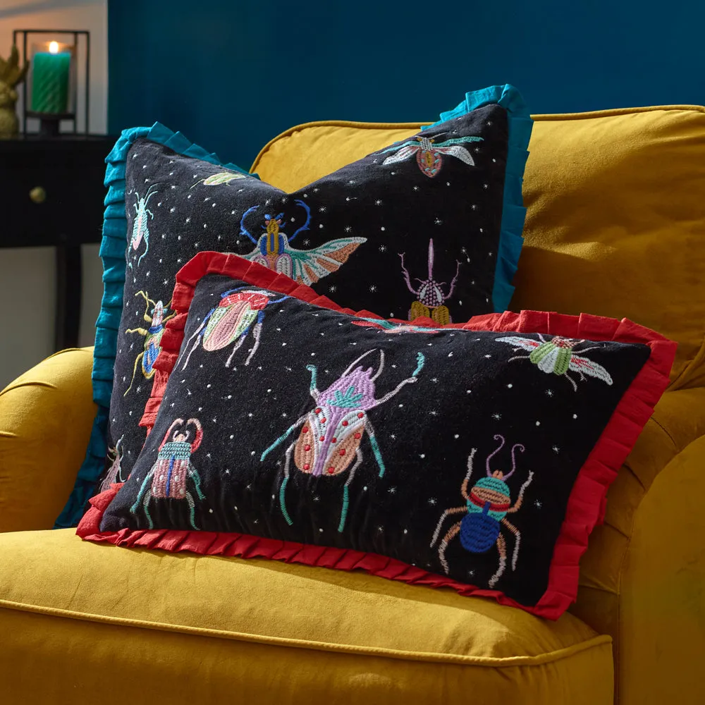Darkling Beetles Embroidered Velvet Cushion Teal/Black