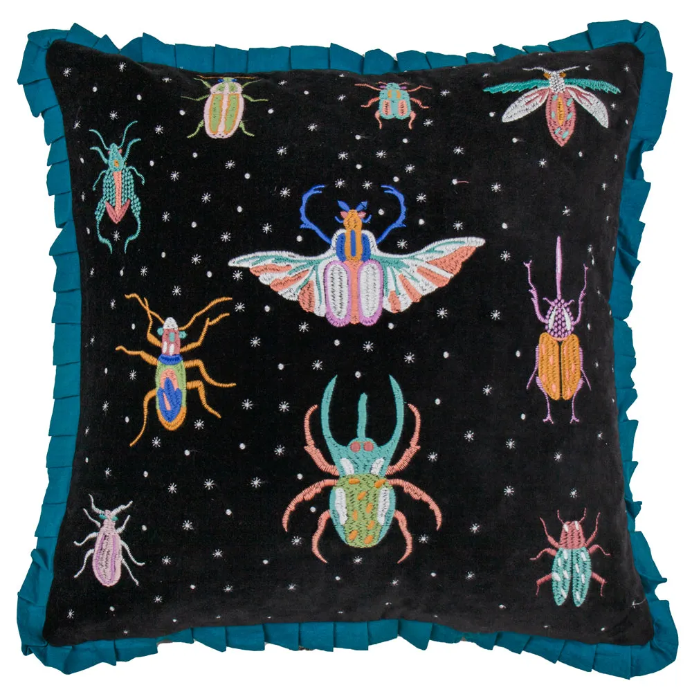 Darkling Beetles Embroidered Velvet Cushion Teal/Black