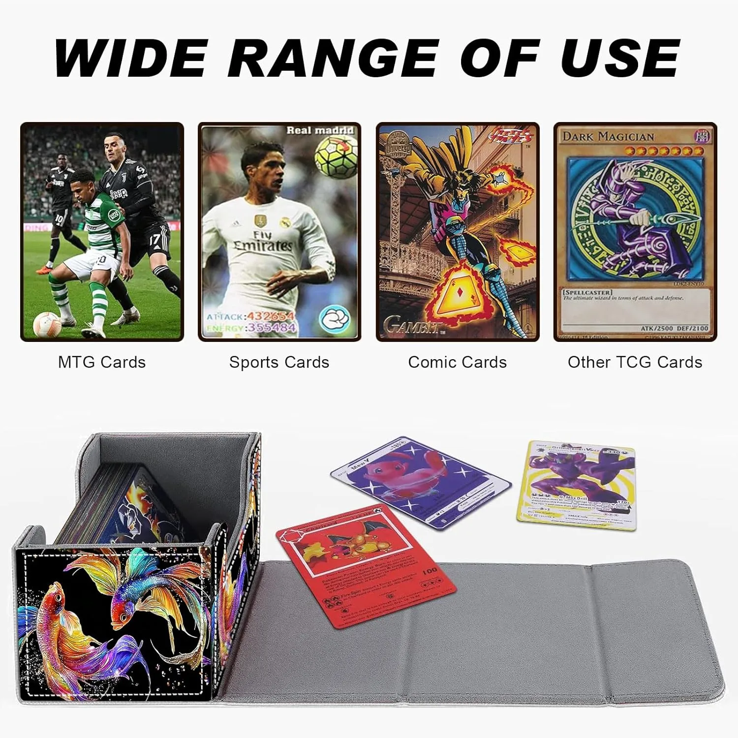 DEGDFSGR Commander Card Game Storage Box for TCG MTG Deck Box Organizer Trading Card Case Magnetic Closure Creative Pattern Up to 200 Cards, Colorful Beautiful Betta Fish