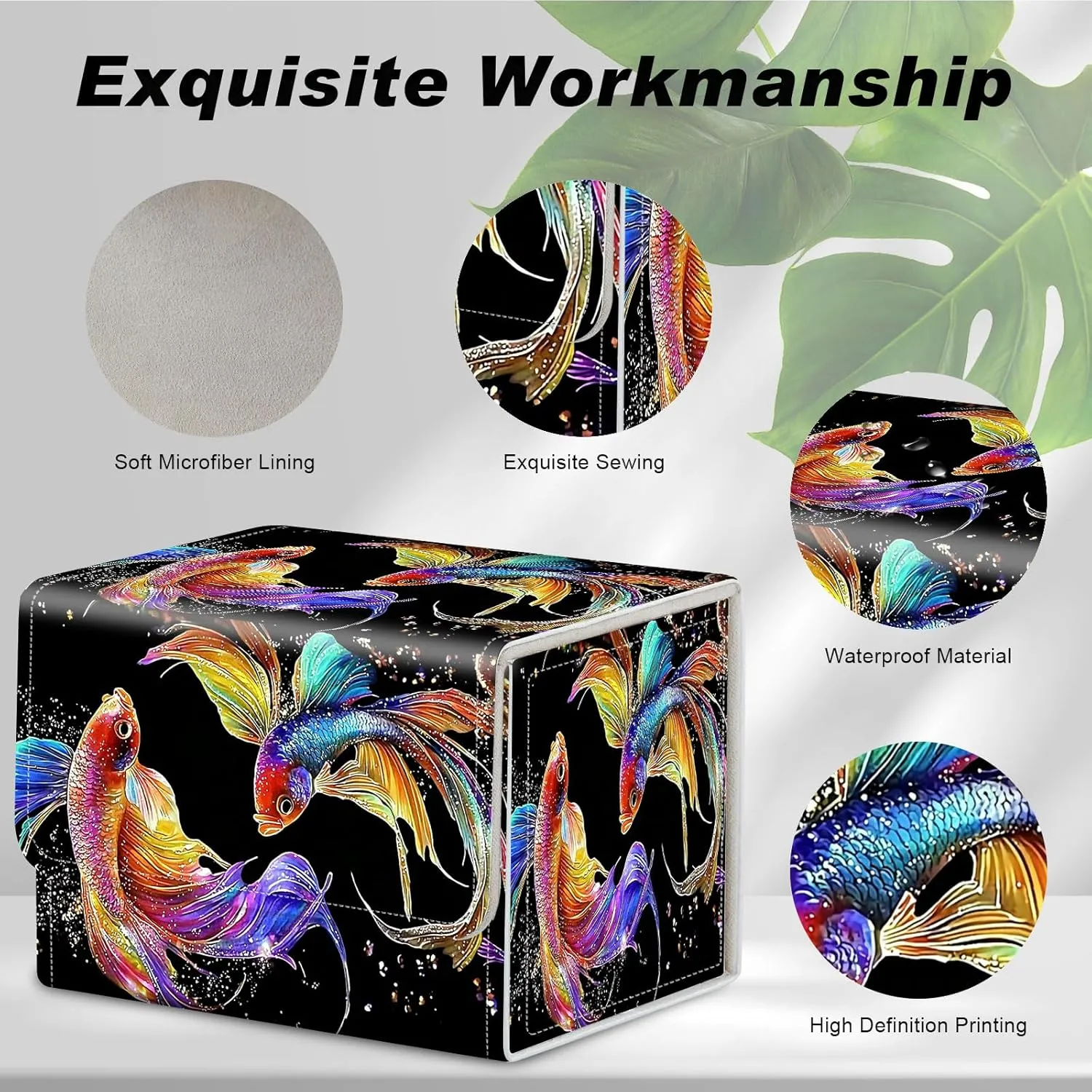 DEGDFSGR Commander Card Game Storage Box for TCG MTG Deck Box Organizer Trading Card Case Magnetic Closure Creative Pattern Up to 200 Cards, Colorful Beautiful Betta Fish