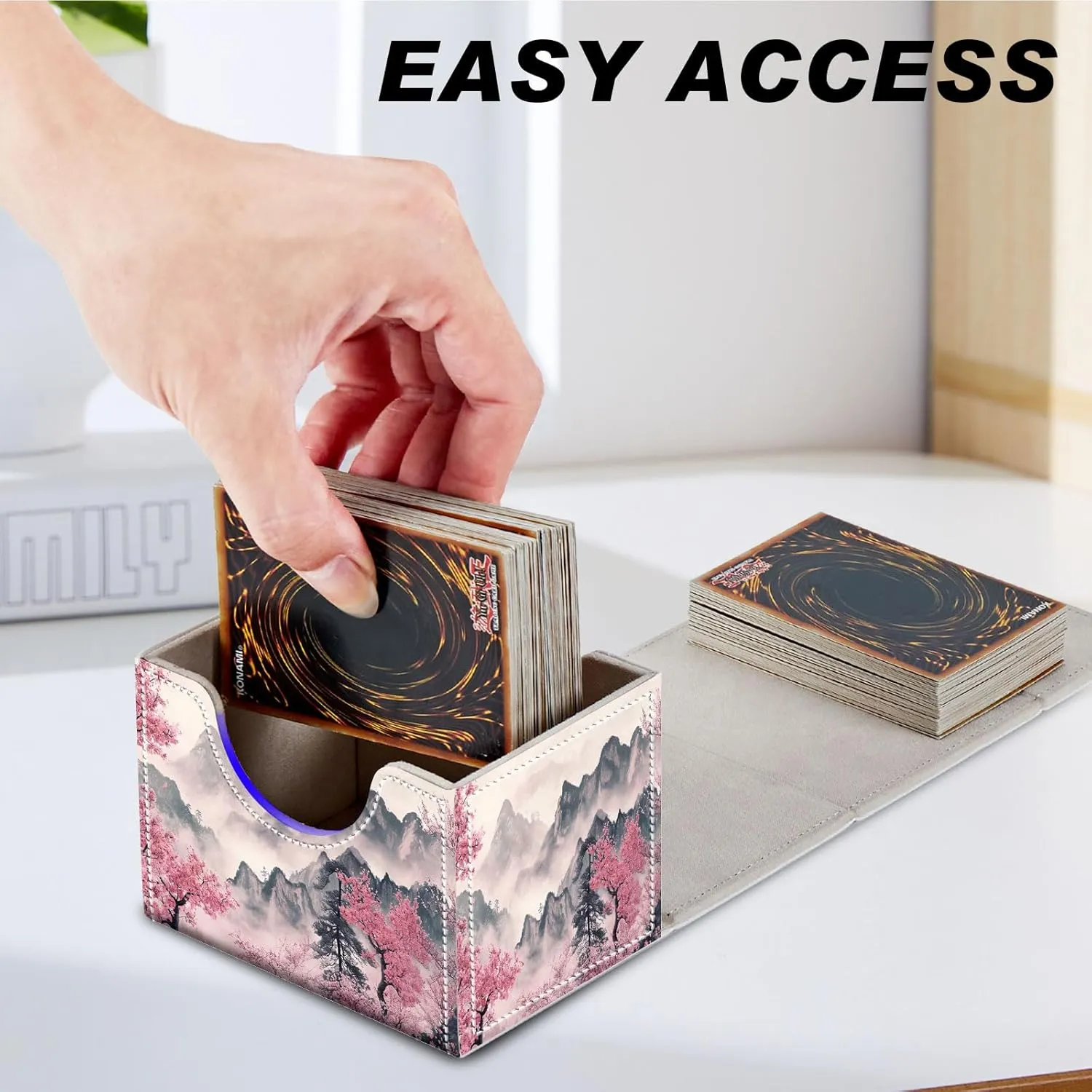 DEGDFSGR Commander Card Game Storage Box for TCG MTG Deck Box Organizer Trading Card Case Magnetic Closure Creative Pattern Up to 200 Cards, Mountains and Pink Trees