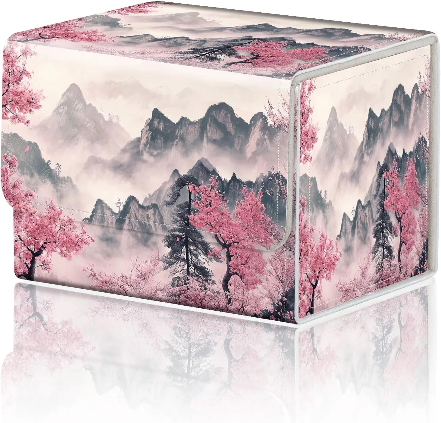 DEGDFSGR Commander Card Game Storage Box for TCG MTG Deck Box Organizer Trading Card Case Magnetic Closure Creative Pattern Up to 200 Cards, Mountains and Pink Trees