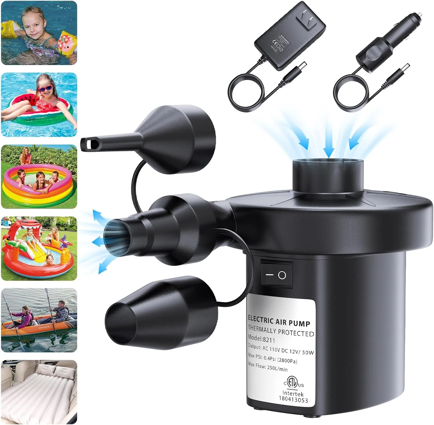 Electric Air Pump for Inflatables, VANNPOOY Portable Car Air Mattress Pump 110V AC/12V DC, Inflate Deflate Air Pump with 3 Nozzles, Pool Float Inflator Pump for Air Bed Toys Raft Boat Swimming Ring