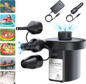 Electric Air Pump for Inflatables, VANNPOOY Portable Car Air Mattress Pump 110V AC/12V DC, Inflate Deflate Air Pump with 3 Nozzles, Pool Float Inflator Pump for Air Bed Toys Raft Boat Swimming Ring