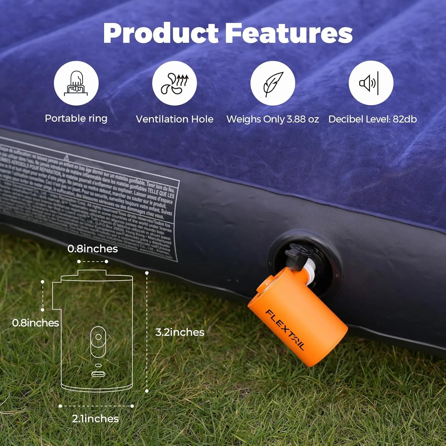 FLEXTAILGEAR Air Pump for Inflatables, 300L/min Air Mattress Pump for Inflate Deflate with 1600mAH Battery, Portable Air Pump for Sleeping Pads, Pool Toys, Floats, Swimming Ring, Air Bed