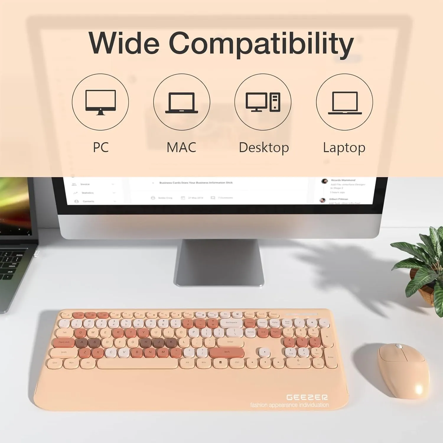 GEEZER Wireless Keyboard and Mouse Combo Milk Tea Color, 106 Keys Less Noise Full-Size 2.4G Ultra-Slim Colorful Keyboards with Palm Rest, One USB Nano Receiver for Windows/Mac/Laptop/PC