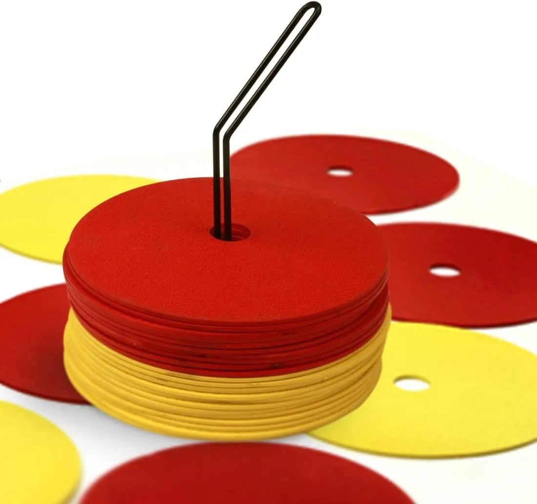 GSi 6" Non-Skid Floor Hole Spot Markers | Yellow & Red with Metal Carrying Stand | 24 Piece | Training Flat Field Cones.
