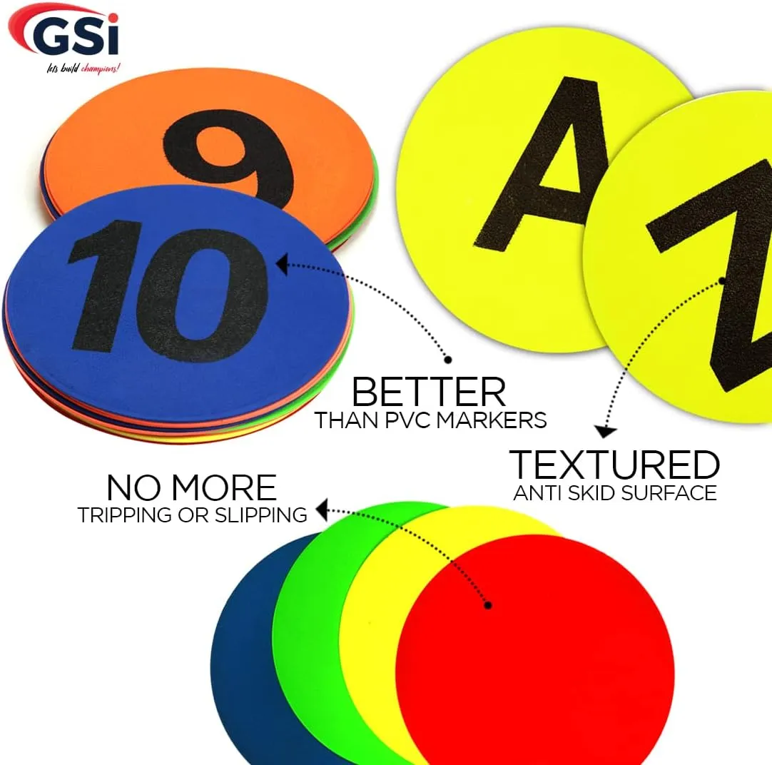 GSi 8" Round TPR Anti-Skid Spot Markers - Non-Toxic, Durable | Variety Pack with 4 Color Options and Alphabet, Number, Combo Variants