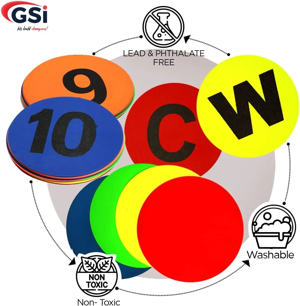 GSi 8" Round TPR Anti-Skid Spot Markers - Non-Toxic, Durable | Variety Pack with 4 Color Options and Alphabet, Number, Combo Variants