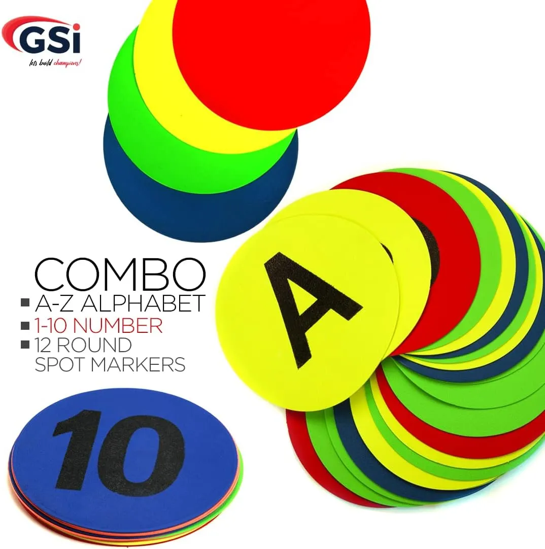 GSi 8" Round TPR Anti-Skid Spot Markers - Non-Toxic, Durable | Variety Pack with 4 Color Options and Alphabet, Number, Combo Variants