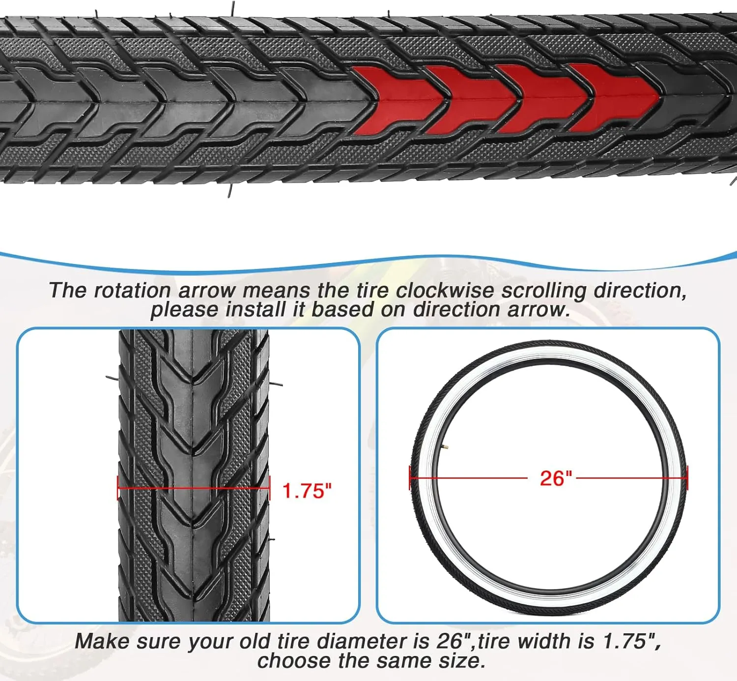 MEGHNA Cruiser Bike Tire 26 inch Mountain Bike Tire with Bike Tire Lever (47-559) Foldable Tire Replacement for Mountain Bike BMX Folding Bike Cruiser Bike Commuter Bike