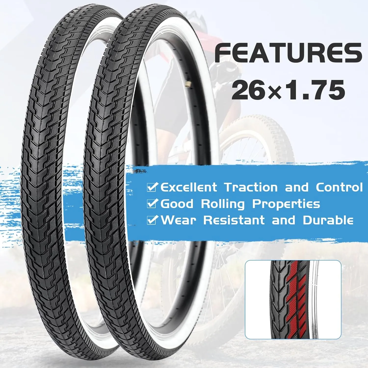 MEGHNA Cruiser Bike Tire 26 inch Mountain Bike Tire with Bike Tire Lever (47-559) Foldable Tire Replacement for Mountain Bike BMX Folding Bike Cruiser Bike Commuter Bike