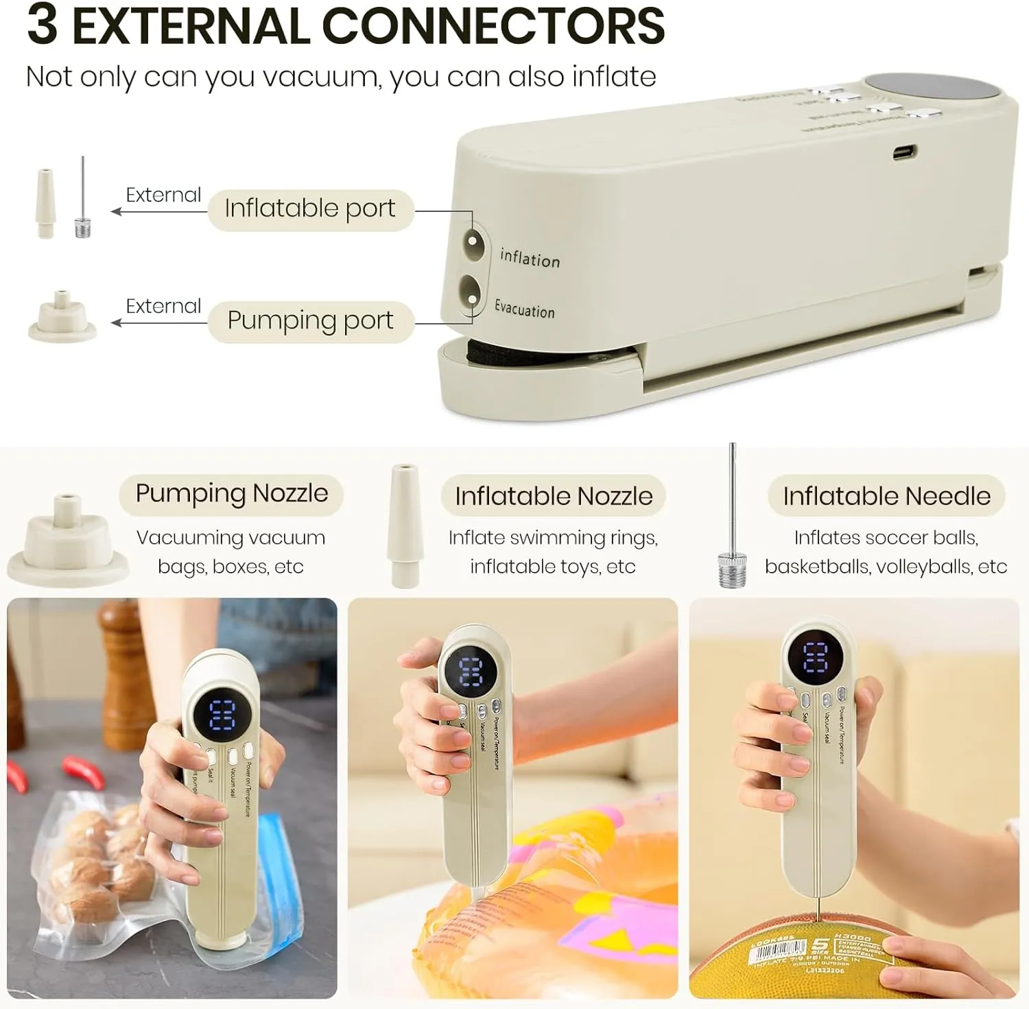 Mini Vacuum Sealer for Food, 3 in 1 Cordless Rechargeable Food Sealer for Dry/Moist Food Storage with 4 Snack Bags, Heat Sealer for Chip Bags, Inflation Pump for Balls/Swim Ring - Beige