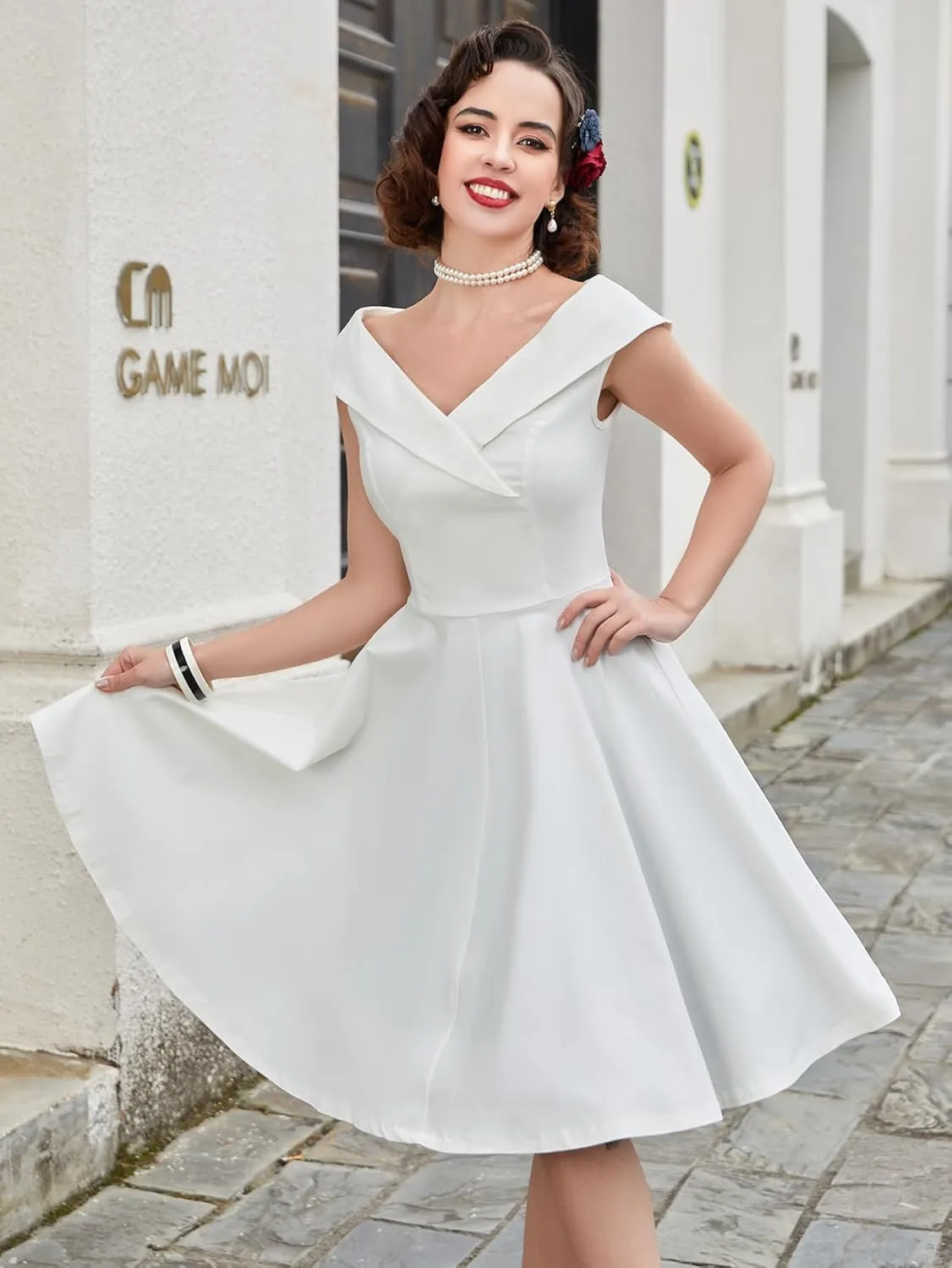MUXXN Women's 1950s Retro Vintage Sleeveless V Neck Midi Cocktail Swing Dress