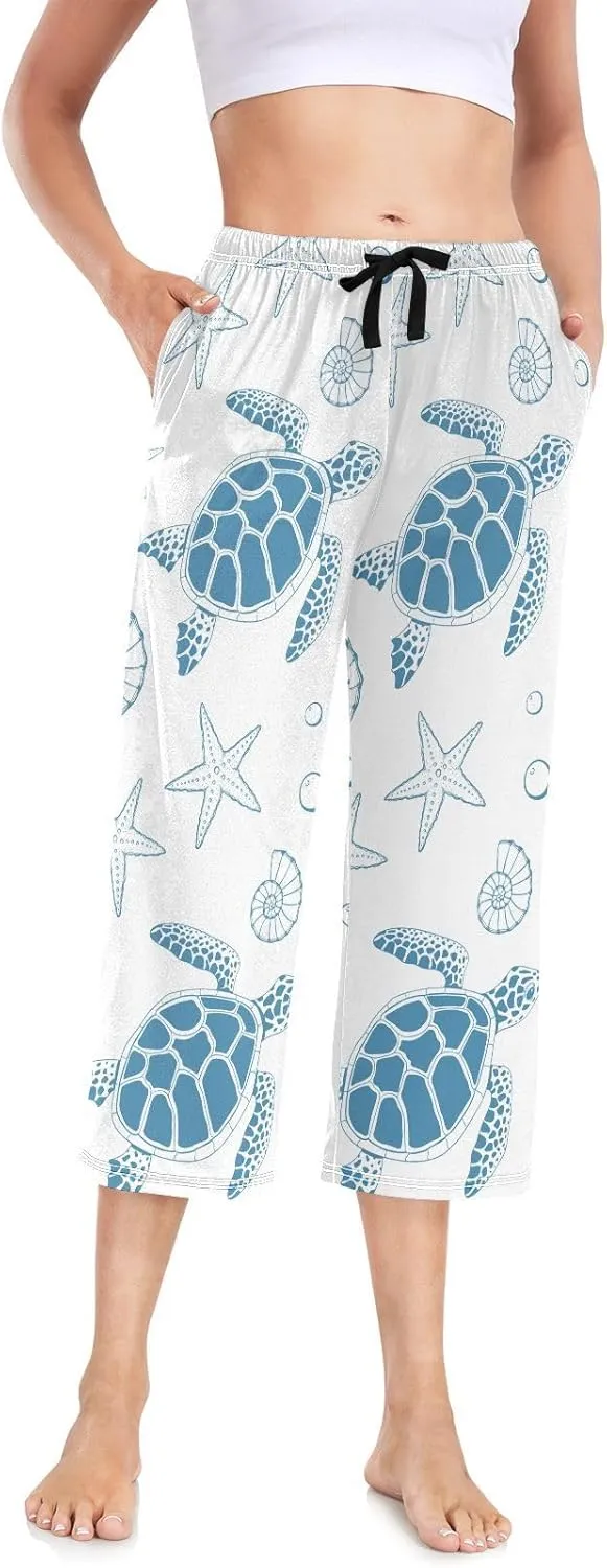 Natural Wildlife Women Capri Pajama Pants Turtle Sea Stars Shells Sleepwear Loungewear Pjs Bottoms S-XXL