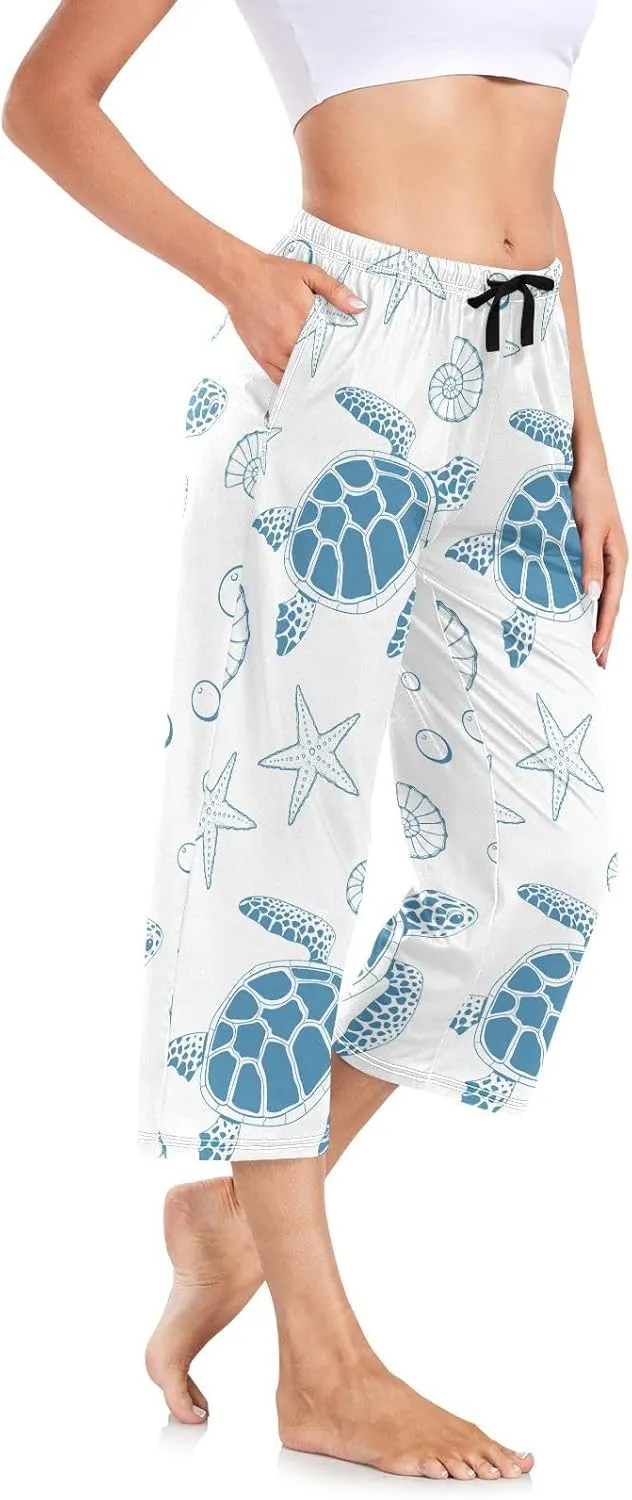 Natural Wildlife Women Capri Pajama Pants Turtle Sea Stars Shells Sleepwear Loungewear Pjs Bottoms S-XXL