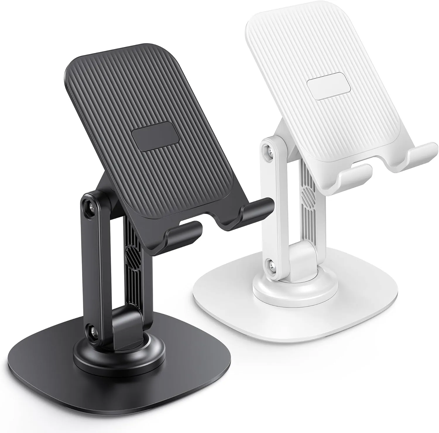 OMOTON Cell Phone Stand for Desk, 2 Pack Adjustable Foldable Phone Holder, 360 Swivel Mobile Stand Fit for iPhone 16 15 14 13 12 Pro Max and All Smart Phones, Black & White