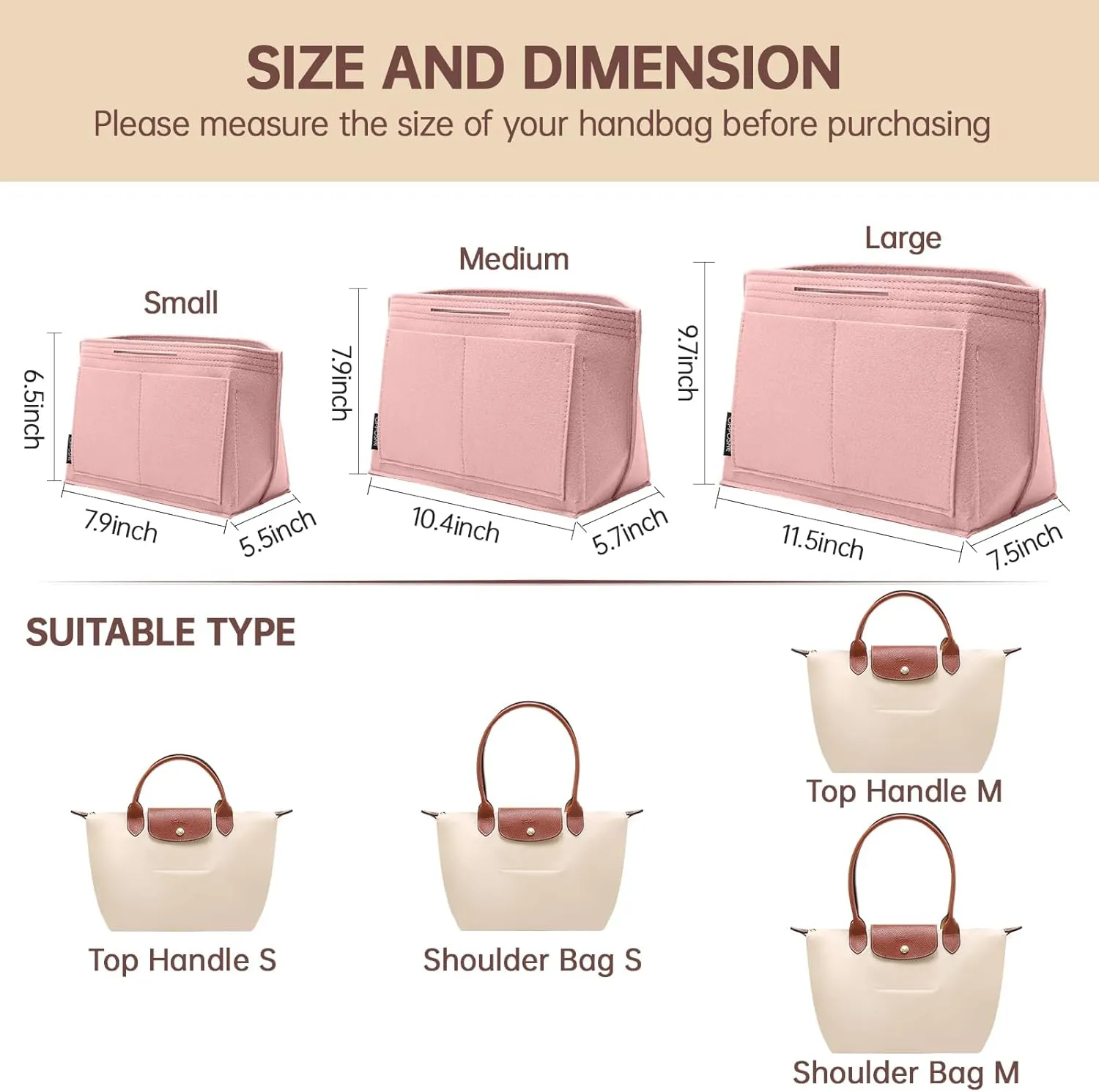 OPPOSHE Purse Organizer Insert for Longchamp Le Pliage, Premium Felt Long Champ Bag Handbag Women, Tote Organizer Insert with 9 Compartments (Medium, Pink)