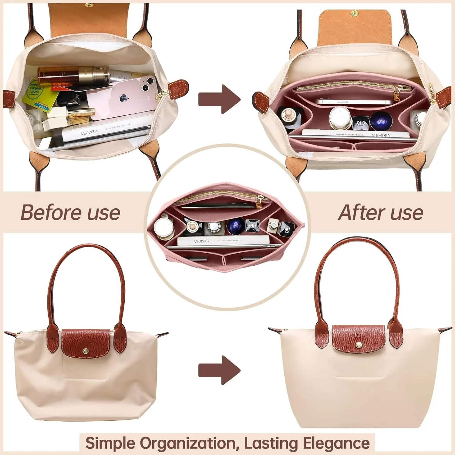 OPPOSHE Purse Organizer Insert for Longchamp Le Pliage, Premium Felt Long Champ Bag Handbag Women, Tote Organizer Insert with 9 Compartments (Medium, Pink)