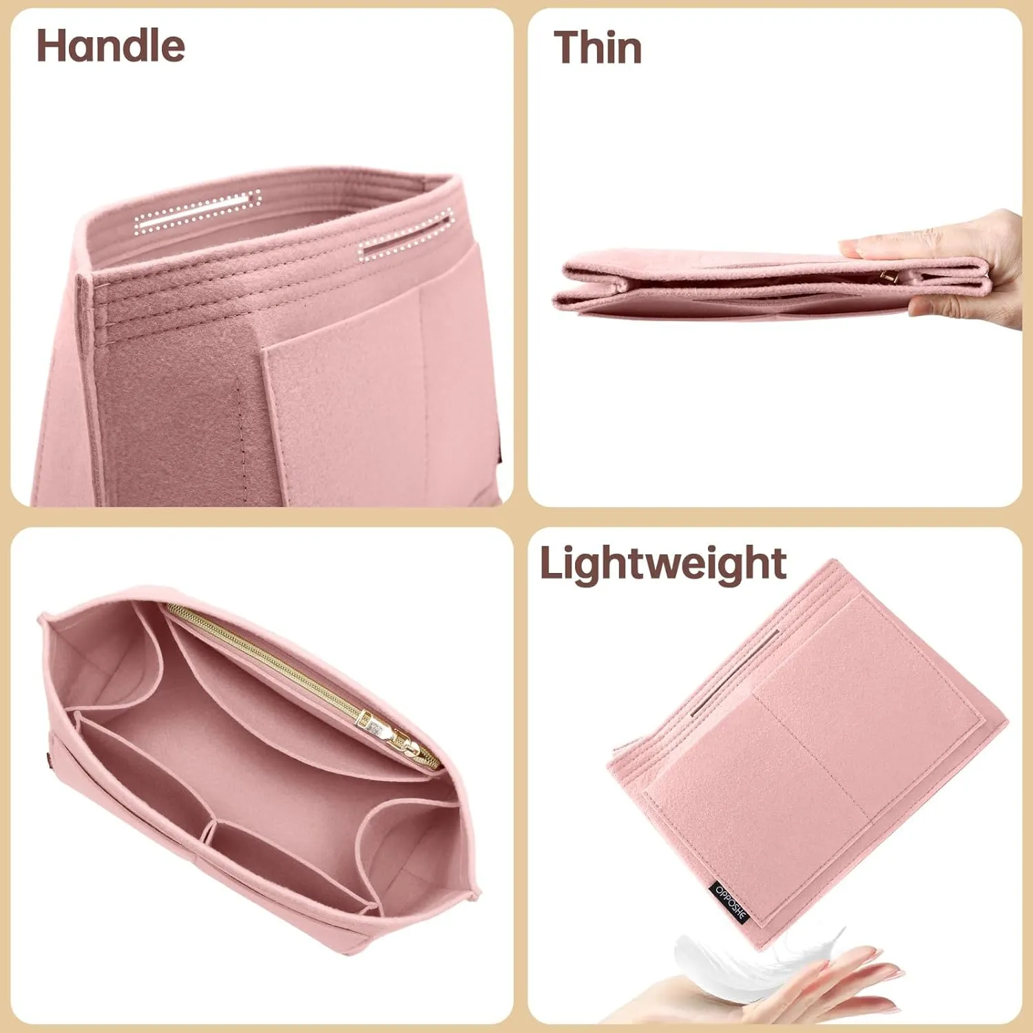 OPPOSHE Purse Organizer Insert for Longchamp Le Pliage, Premium Felt Long Champ Bag Handbag Women, Tote Organizer Insert with 9 Compartments (Medium, Pink)