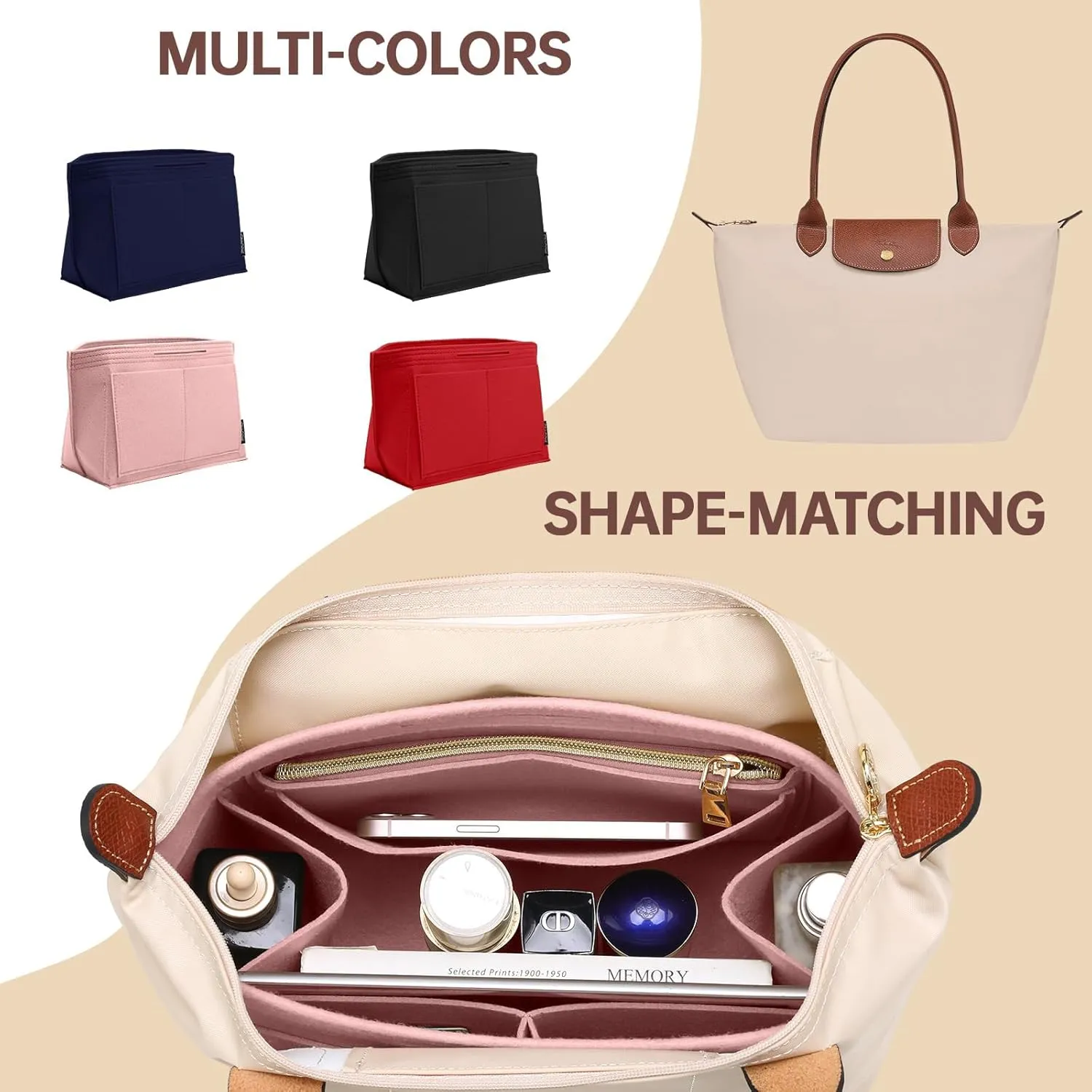 OPPOSHE Purse Organizer Insert for Longchamp Le Pliage, Premium Felt Long Champ Bag Handbag Women, Tote Organizer Insert with 9 Compartments (Medium, Pink)