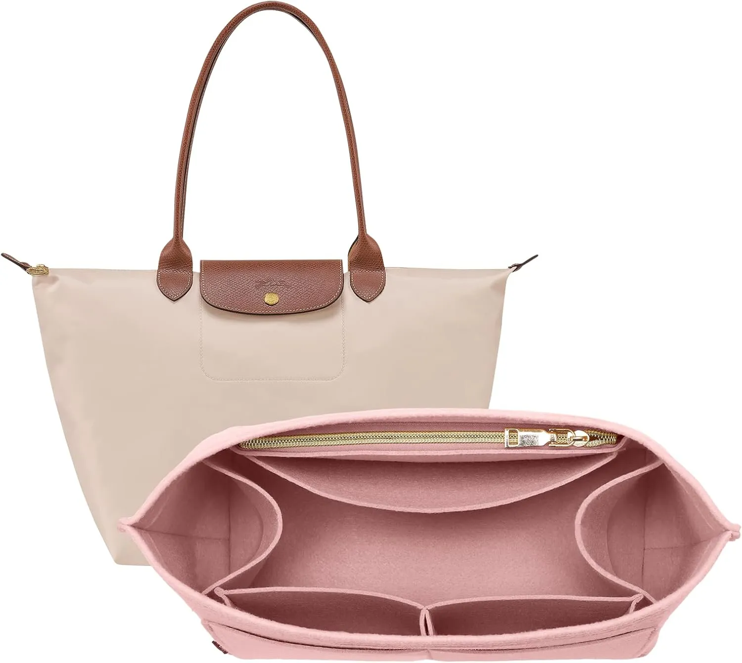 OPPOSHE Purse Organizer Insert for Longchamp Le Pliage, Premium Felt Long Champ Bag Handbag Women, Tote Organizer Insert with 9 Compartments (Medium, Pink)