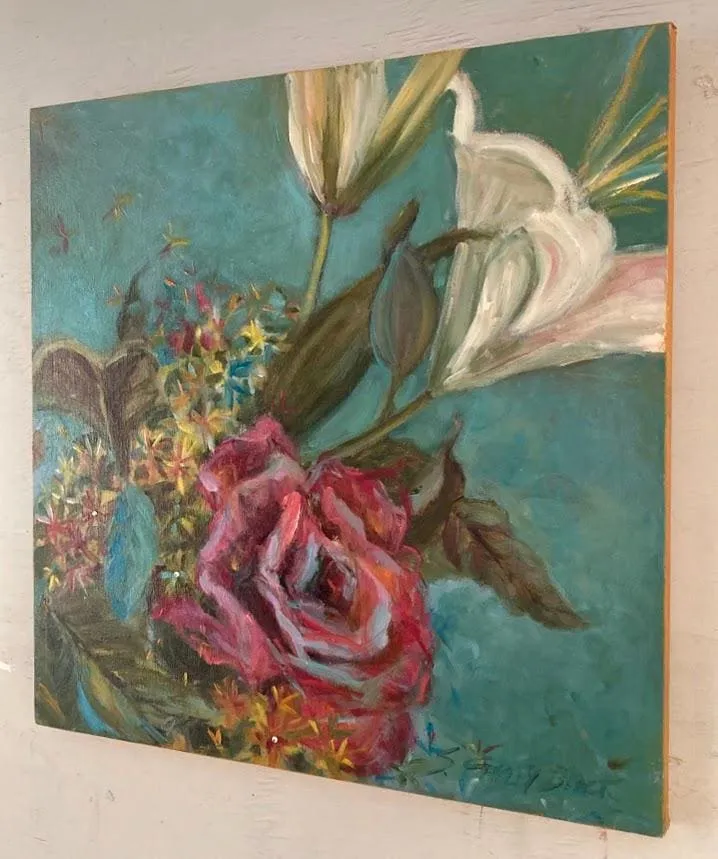 Original Lily Oil Painting | Lily and Rose Wall Art | Bold Blossom Art | Garden Flower Painting | White Lily Flower
