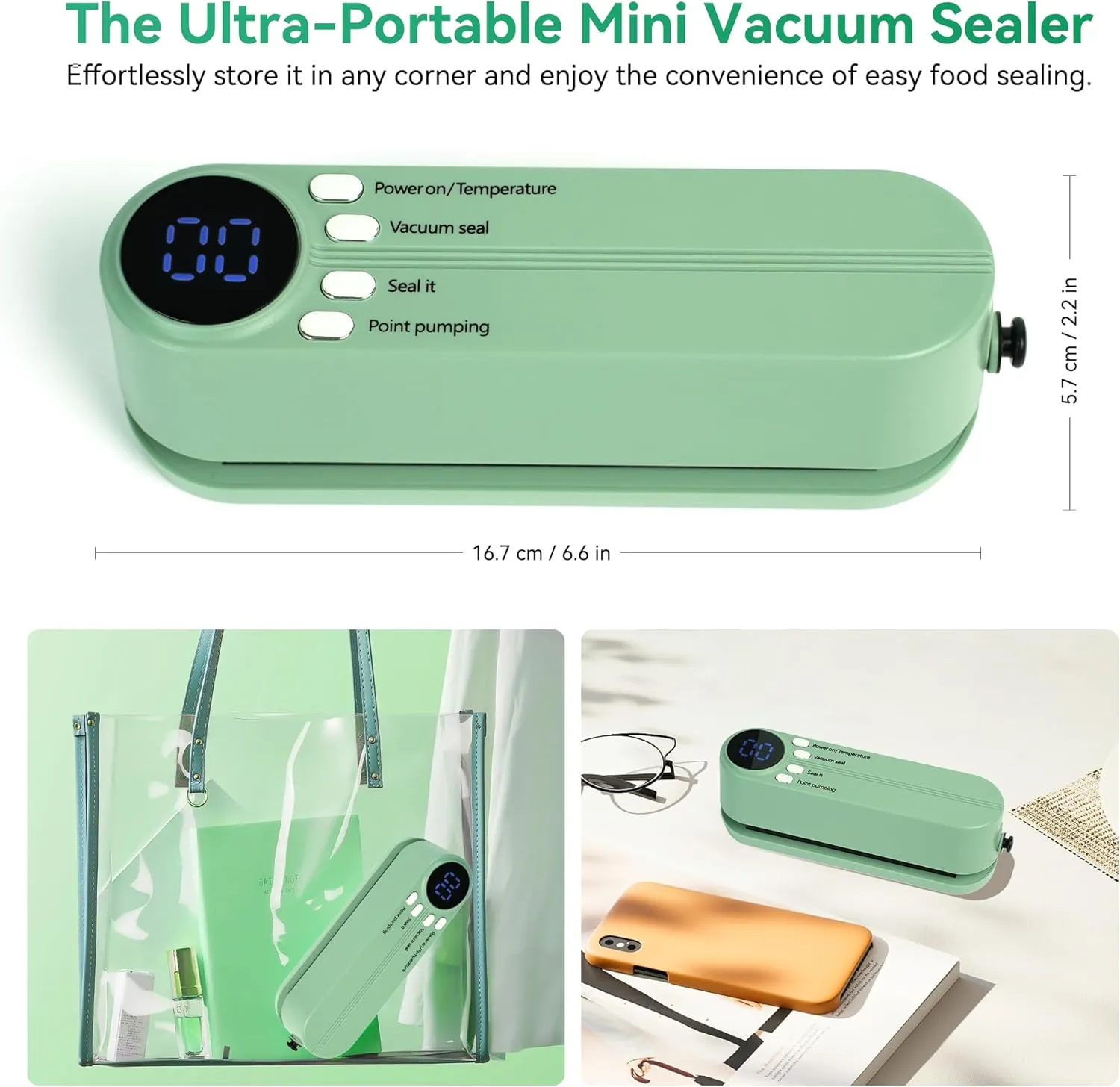 Portable Mini 3-in-1 Cordless Rechargeable Food Saver Vacuum Sealer for Dry & Moist Food Storage, Portable Design with 4 Snack Bags, Storage Bag, Inflation Pump, Needle & Nozzle Included (Green)