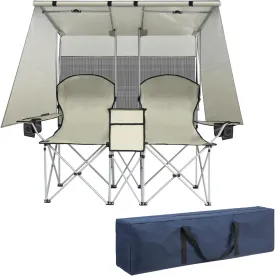 ptlsy Double Camping Chair with Canopy, Folding Two-Person Seat, Portable Outdoor Loveseat with Shade, Portable Chairs for Beach, Lawn, and Outdoor Activities (White)
