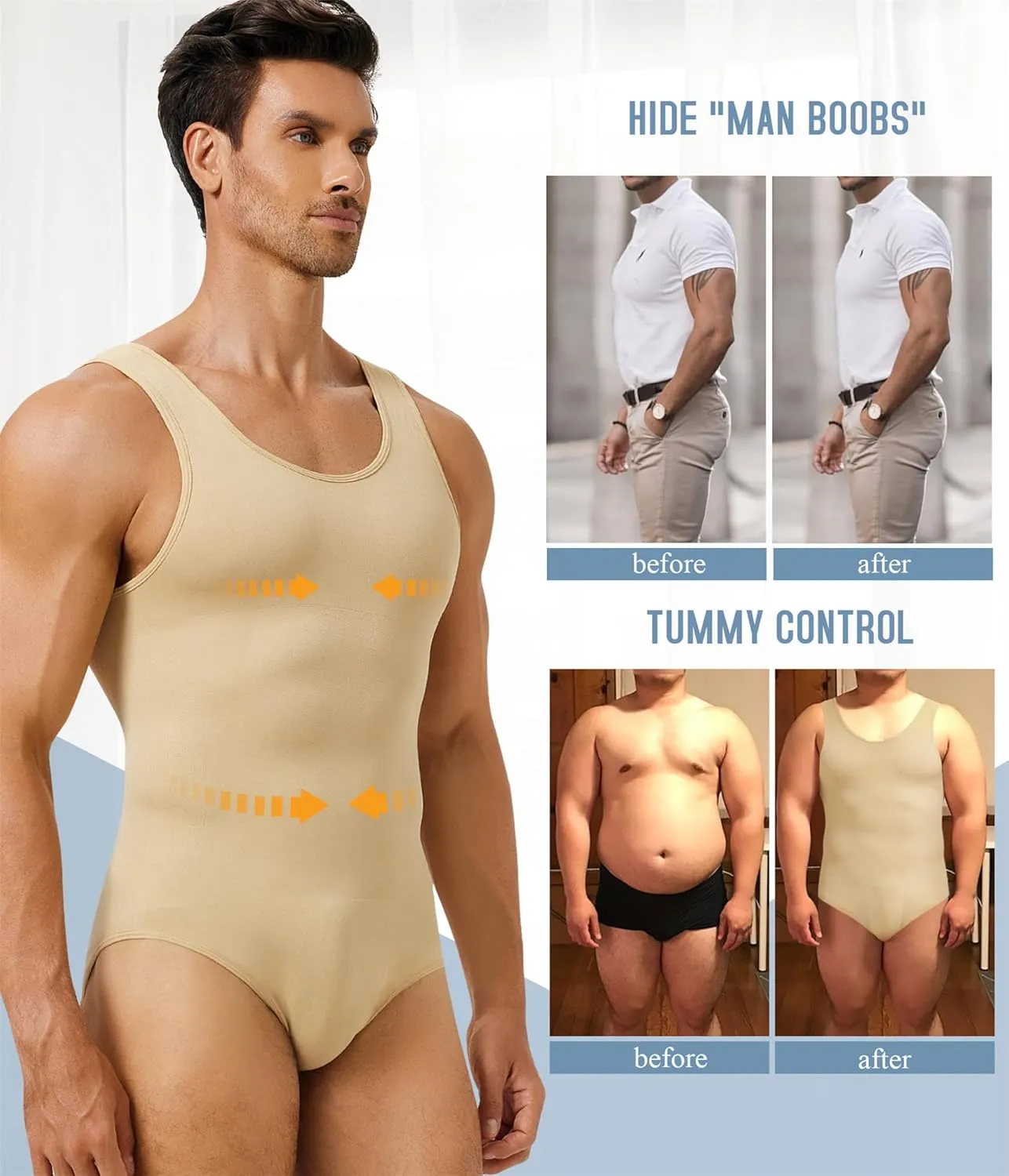 TAILONG Mens Shapewear Tummy Control Full Body Shaper Compression Slimming Bodysuit Sleeveless Undershirts Fajas Para Hombres