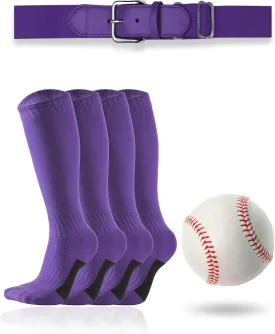 Toddler/Youth Softball Socks, Belt and Baseball Combo Set (2 Pairs of Socks, 1 Belt and 1 Baseball) for Boys Girls