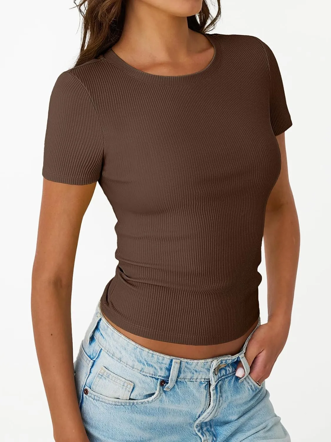 Trendy Queen Womens Short Sleeve Shirts Crewneck Ribbed Knit Slim Fitted T-Shirt Summer Basic Tee 2025 Tops
