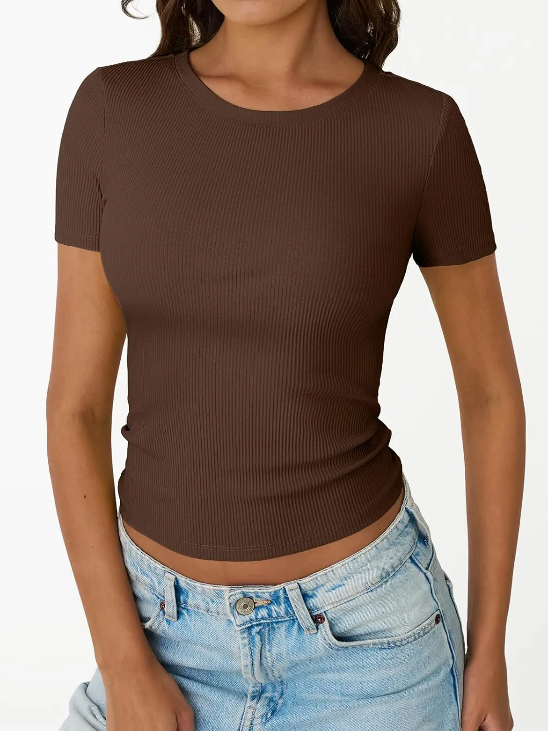 Trendy Queen Womens Short Sleeve Shirts Crewneck Ribbed Knit Slim Fitted T-Shirt Summer Basic Tee 2025 Tops
