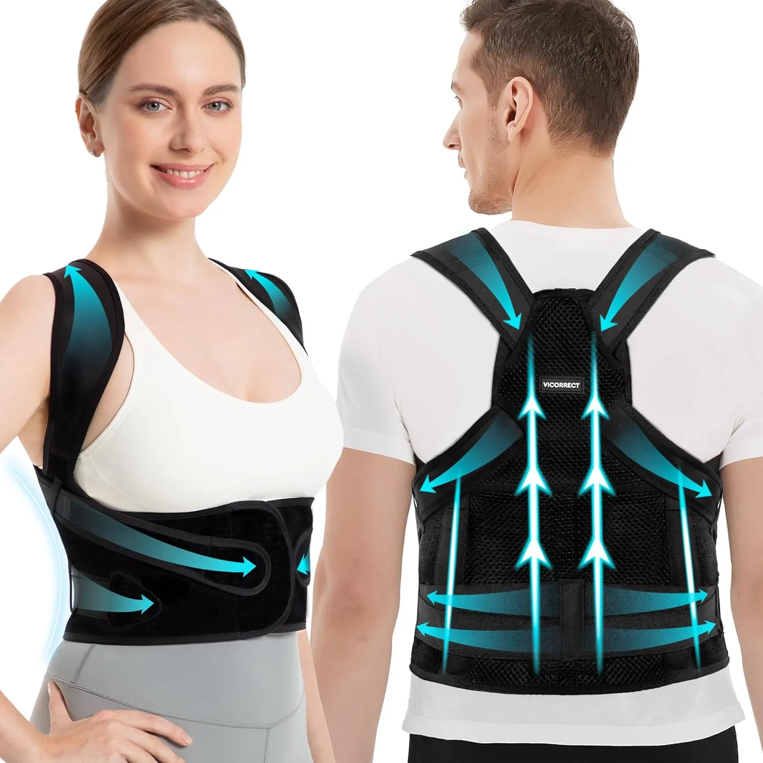 Vicorrect Posture Corrector for Women Adjustable: Back Support Brace - Shoulders Straightener Relieve Upper Back Pain (Black, Medium)