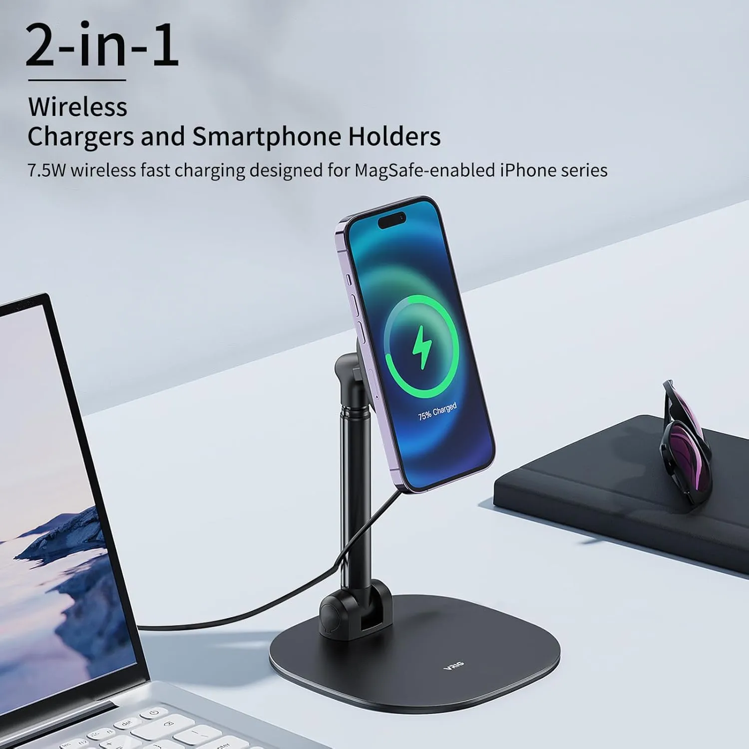 VRIG Magnetic Desk Phone Stand for Office/Home 360Rotation Rechargeable Phone Holder with Magnetic Ring Height&Tilt Adjustable Cell Phone Stand for iPhone 16 15 14 13 12 and More/Android