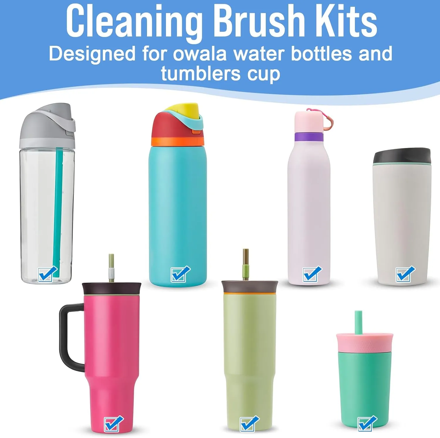 XANGNIER 5 Pcs Water Bottle Cleaner Brush Set for Owala 24oz/32oz/40oz Cup,Multifunctional Bottle Brush and Long Straw Cleaner Brush,Cleaning Kit for Owala/Stanley/Yeti Tumbler Cup Accessories